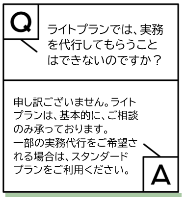 ライトプランでは実務を代行してもらうことはできないのですか、という質問とそれに対する回答